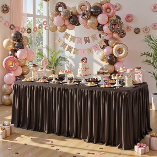 PARTISKY 1 Pack Chocolate Tablecloths for Rectangle Tables 4ft, Wrinkle Resistant Spandex Table Cover Fitted Stretch Table Cloth with Pleated Ruffle Skirts for Party Banquet Dining Birthday Wedding - Image 3