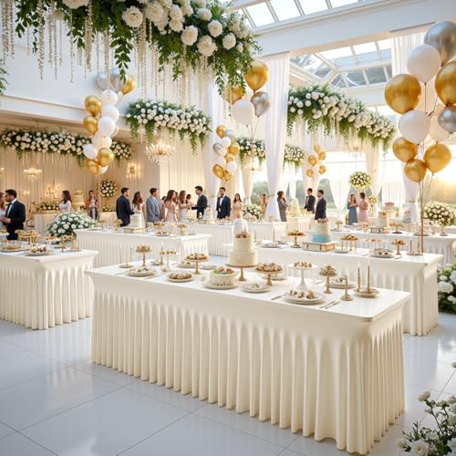 4 Pack 8ft Ivory Spandex Table Cloths for Rectangle Tables Wrinkle Free Ivory Rectangle Tablecloths, Stretch Fitted Table Cover with Skirt for Wedding Birthday Party Banquet Baby Shower Buffet Event - Image 5