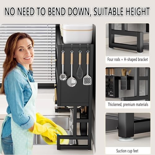 Large 3-Tier Over Sink Dish Drying Rack with Flip-top Door,Kitchen Counter Utensil Holder Organizers Space-Saving,Multifunctional Metal Counter Shelf,for Plates Bowl(Black,75cm/29.5in) - Image 4
