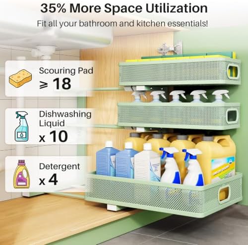 Kitstorack Under Sink Organizer, 1-Pack 3-Tier Height Adjustable Thickened Metal Pull out Cabinet Organizer Shelf, Slide out Storage Drawer Rack for Bathroom Kitchen Pantry Home Organization, Green - Image 4