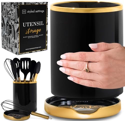 STYLED SETTINGS Black and Gold Utensil Holder with Built-in Spoon Rest | 2-Piece Black and Gold Spatula Holder, Kitchen Accessory, Utensils Not Included by STYLEDSETTINGS