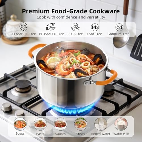 Ciwete Stainless Steel Stock Pot, 5.2 Quart Soup Pot with Lid, Heavy-Duty Thick Bottom Induction Cooking Pot for Pasta, Stew & Simmering, Even Heating, Compatible with All Cooktops, Dishwasher Safe - Image 2