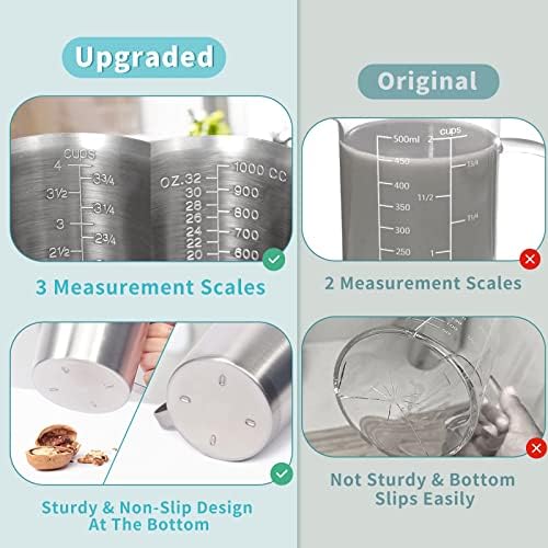 Newness 3 Pack Stainless Steel Measuring Cup, Metal Measuring Cup with Handle (Upgraded, 3 Marking Including Cup/ML/Ounce Scale) （700ML & 1000 ML & 1500ML) - Image 3
