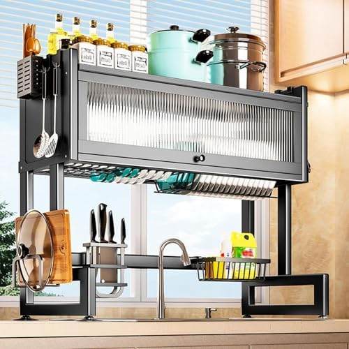 Over Sink Dish Drying Rack 2 Tier Stainless Steel Dish Drainer with Cover and Utensil Holders Large Capacity Space Saving Kitchen Organizer by SofaHillsBrandflagship