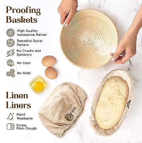 ABIOTO Sourdough Bread Baking Kit - 14-Piece Set with 9" Round & 10" Oval Rattan Banneton Proofing Baskets, Liners, Bread Lame, Danish Whisk & Scrapers for Home Bakers (Pack of 2) - Image 3