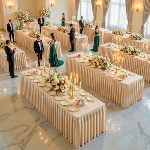 Dark Champagne Polyester Table Cloths for Rectangle 8 Foot Tables, 2 Pack Wrinkle Free Tablecloths Stretchy Banquet Ruffle Fitted Table Cover Desk Skirt for Parties Wedding Birthday Baby Shower - Image 3