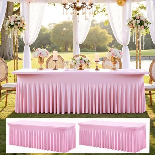 2 pk Baby Pink Spandex Tablecloth 8ft With Ruffled Table Skirt, Wrinkle Free Stretchy Fitted Tablecloths for 8 Foot Rectangle Tables, Elastic Spandex Table Covers for Weddings Parties Banquet by ENJOYYOURPARTY