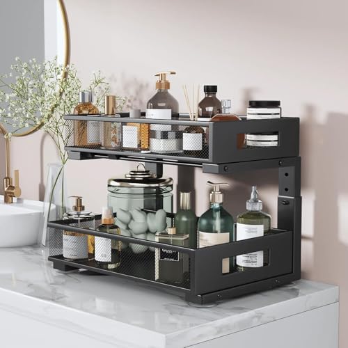 2 Packs 17IN Depth Under Sink Organizer, 2-Tier Pull Out Cabinet Organizer With Smooth Circular Rail, Large Capacity Metal Mesh Sliding Drawers For Bathroom& Kitchen Storage,Height Adjustable –Black - Image 6