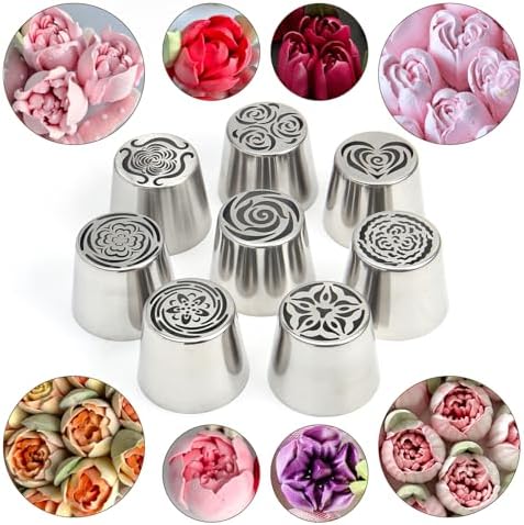 26-Piece Extra Large Russian Piping Nozzles Set Stainless Steel Rose Tulip Piping Tips, 8 Nozzles 2 Brushes 10 Piping Bags 1 Spatula 5 Scraper Cake Decorating Baking Tools (XXL, 22Piece) - Image 2