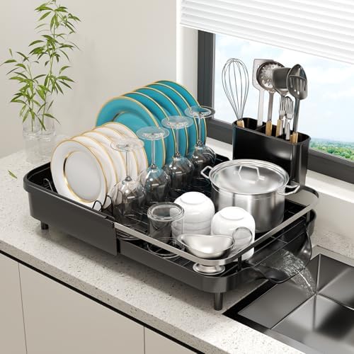 Expandable Dish Drying Rack，Dish Rack for Kitchen Counter-Dish Drainer with Efficient Drainage, Drainboard Set, and Utensil Holder, Over the Sink Dish Drainer Drying Rack by KLKE