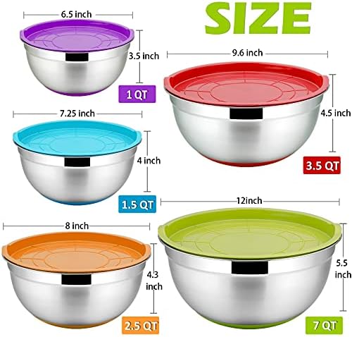 P&P CHEF Mixing Bowls with Lids Set of 5, Stainless Steel Nesting Salad Bowl with Lid & Base for Non-slip Mixing Prepping Storing Serving, 5 Sizes-7/3.5/2.5/1.5/1 QT, Multicolor - Image 7