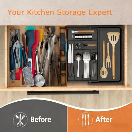 Utensil Organizer for Kitchen Drawer, Expandable Cooking Silverware Tray,Large Silverware Drawer Organizer，Plastic Spatula Tools Storage Divider, 21.6-38", Black - Image 6