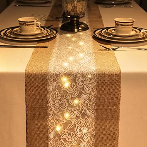 Xinnun 12 Pcs Burlap Table Runner with Lights 12 x 108 Inches Burlap Lace Table Runner Rustic Wedding Decorations Home Party (Flower) - Image 5