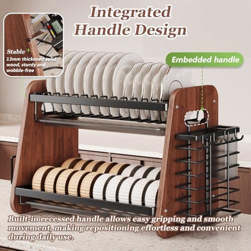 Modern Wooden 2-Tier Dish Drying Rack,Stainless Steel Dish Drainer,Saving Kitchen Space,with Removable Cutlery Holder,with Utensils Flatware Holder Set - Image 5