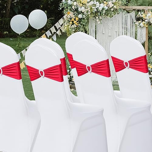 Pack of 30 Spandex Chair Sashes Bows Stretch Chair Cover Band with Buckle Slider Universal Elastic Chair Ties for Wedding Banquet Party Event Decoration (Ruby) - Image 7