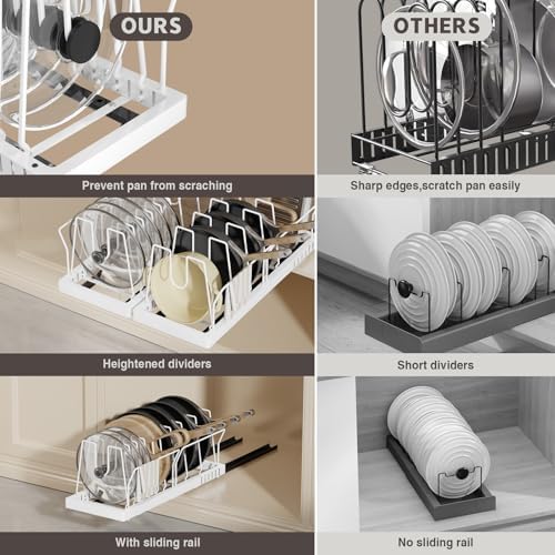 Magheo Pots and Pans Organizer Under Cabinet, 22" Deep Expandable Pull Out Pot Lid Organizer and Storage with 10 Adjustable Dividers No Drill Pot and Pan Holder Rack with Handle Bracket(1 Pack,White) - Image 4