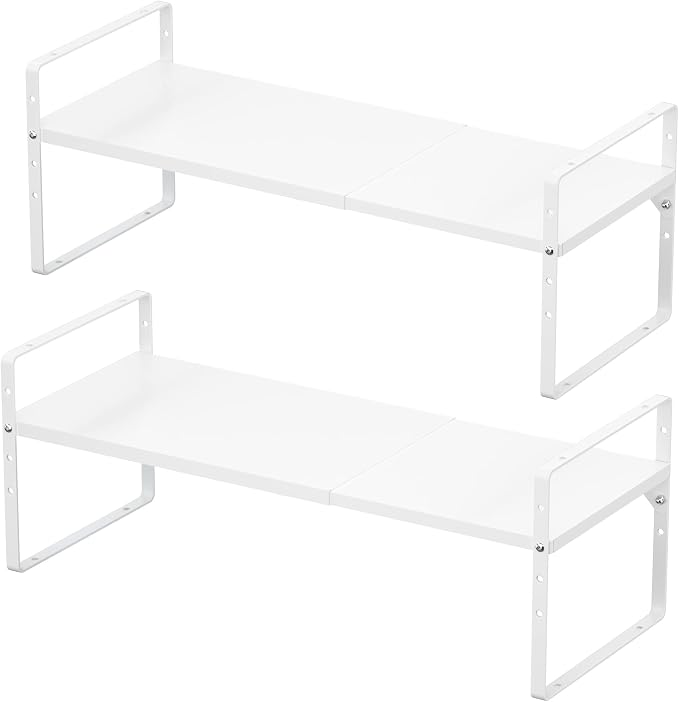 iPEGTOP Expandable Cabinet Storage Shelf Organizer Rack, Heavy Duty Cupboard Stand Spice Rack Adjustable Height Garage Pantry Shelf Space Riser for Counter Kitchen Organization, White, 2 Pack - Image 8
