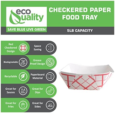 200ct Heavy Duty Disposable Paper Food Tray (5 LB) - Red Check Food Tray, USA MADE, Recyclable, Biodegradable, Compostable, Great for Picnics, Carnivals, Party, Camping, BBQ, Restaurants, Fries - Image 2