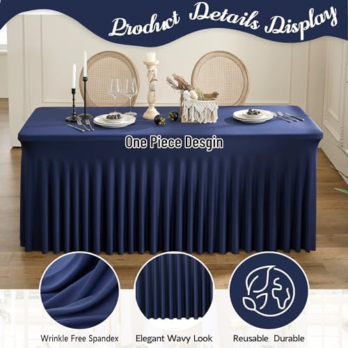 leegleri 6 Pack Navy Blue Spandex Tablecloths for 8 Foot Rectangle Tables, Wrinkle Free Fitted Table Cloths 8ft Stretchy Table Cloth Cover with Skirt for Parties Weddings Birthday Banquet Baby Shower - Image 3