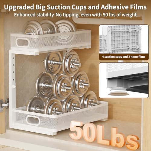 Under Sink Organizer 1 Pack, 2-Tier Slide Out Cabinet Organizer with Metal Sliding Drawer and Hooks, Pull Out Storage Baskets for Kitchen Bathroom Pantry Cabinet Organization (White (1 pack)) - Image 4