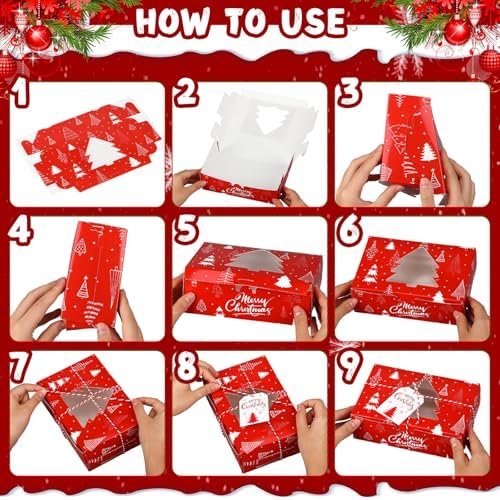 Zhanmai 64 Pcs Christmas Treat Boxes with Window Holiday Kraft Bakery Christmas Cookie Gift Boxes Xmas Pastry Food Containers with Ribbons DIY Tags for Party Favor Gift Giving(Cute) - Image 4