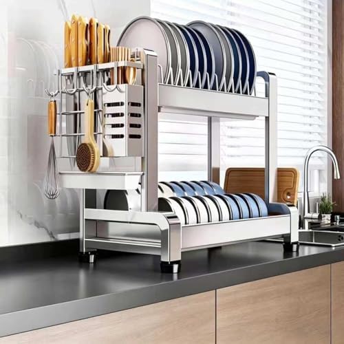 Large Dish Drying Rack Over Sink, Free-Standing Stainless Steel No Installation 2 Tier Organizer with Thick Columns, Nordic Style Storage Shelf by Unknown