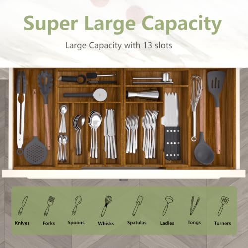 Suli Extra Large Silverware Drawer Organizer,Expandable 22in to 37in,Acacia | 2.6in Deep,13 Slot,Removable Design,Expandable Utensil Tray for Drawer,Big Adjustable Cooking Cutlery Flatware Holder,Brown - Image 4