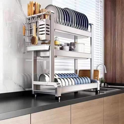 Large Dish Drying Rack Over Sink, Free-Standing Stainless Steel No Installation 2 Tier Organizer with Thick Columns, Nordic Style Storage Shelf by Unknown