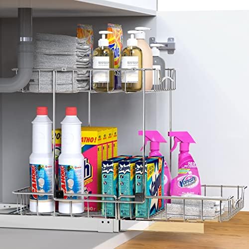 Simple Houseware 2-Tier (L+L) Pull Out Under Cabinet Sliding Shelf, Chrome - Image 7