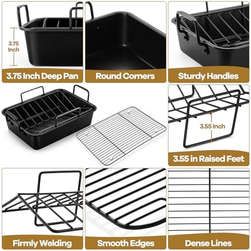 P&P CHEF 16" Roaster Roasting Pan with Baking Rack and V-shaped Rack, Stainless Steel Rectangular Lasagna Pan with Handles for Turkey Chicken, Healthy & Dishwasher Safe, 3 Pieces, Black - Image 3