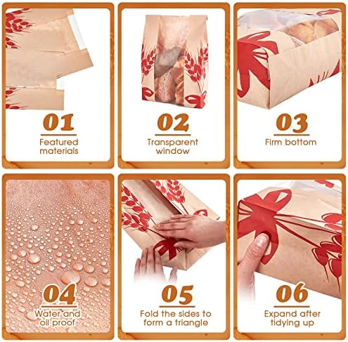 Gueevin 200 Pcs Kraft Paper Bread Bag for Homemade Bread Large Sourdough Loaf Bag with Clear Window Bakery Food Package Storage with 500 Pcs Sticker for Popcorn Cookies, 14x8.3x3.2'' - Image 3