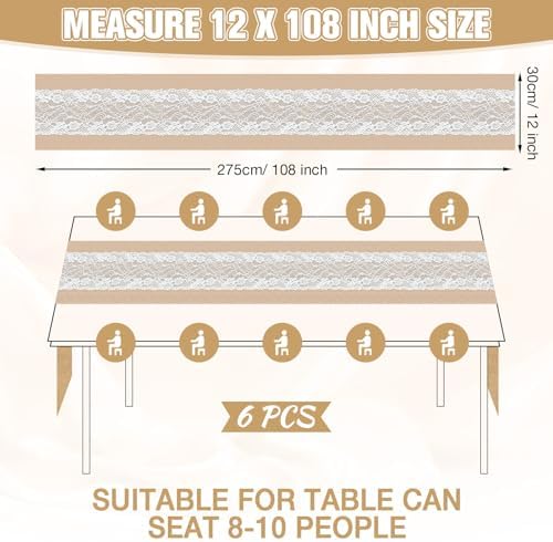 Xinnun 6 Pcs Burlap Table Runner with Lights 12 x 108 Inches Burlap Lace Table Runner Rustic Wedding Decorations Home Party (Flower) - Image 2