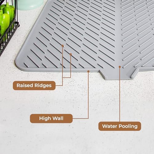 HomeEssentials Silicone Dish Drying Mat for Kitchen - Built-in Drain Lip | Hygienic Drying Pad - Sturdy Compact Easy to Clean Tray Protects Surfaces Prevents Water Build Up - 23 X 17 Inches (Grey) - Image 4
