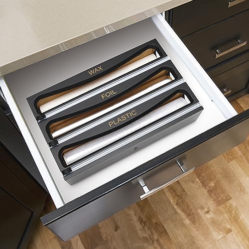 Bamboo Wrap Dispenser with Cutter, Plastic Wrap Organizer, Aluminum Foil Organization, and Wax Paper Dispenser Holder for Kitchen Drawer and Wall, Compatible with 12" Roll (01 Black) - Image 2