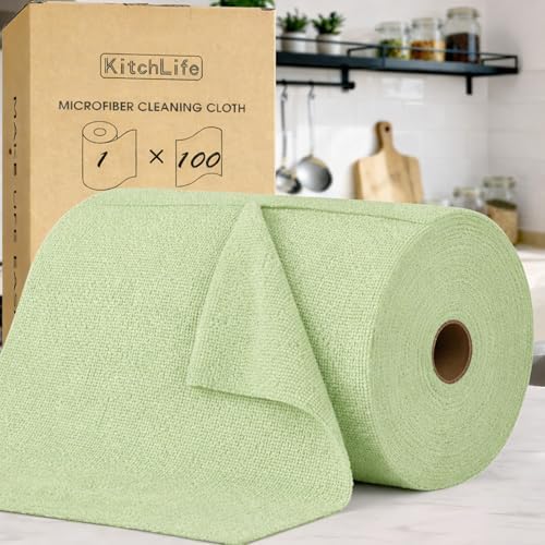 KitchLife Microfiber Cleaning Cloth Roll, 100 Pack - Tear-Away Microfiber Paper Towels, Lint-Free, Reusable, Washable for Kitchen, Car, Dishes, and Sensitive Surfaces (Bean Green) by OverDoorHooksKitchenSupplies