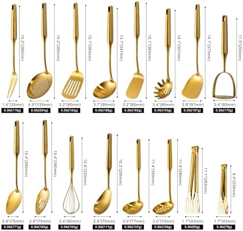 304 Stainless Steel Small and Large Spoons Set, Gold Cooking Utensils Set 16 PCS All Metal Kitchen Tools, Serving Utensils - Masher，Whisk, Fork, Tongs, Turner, Ladle, Spatula，Skimmer, Pasta - Image 2