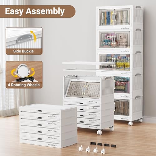 BROVIEW 135Qt Stackable Storage Bins with Lid, Extra Large Closet Organizer Collapsible Drawer Boxes with Wheels, Folding Plastic Cabinet Containers for Home Kitchen Room Organization, 3Pack White - Image 5