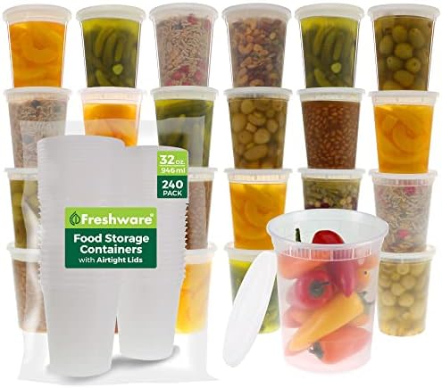Freshware Food Storage Containers [240 Set] 32 oz Plastic Deli Containers with Lids, Slime, Soup, Meal Prep Containers | BPA Free | Stackable | Leakproof | Microwave/Dishwasher/Freezer Safe by Freshware