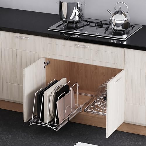 Pull Out Cookie Sheet Organizer, 11" W x 22" D x 11.8" H, Chrome | For Cabinet, Pan and Pot Rack, Cutting Board Organizer Rack, Baking Tray Organizer for Cabinet, Adjustable Divider Width - Image 5