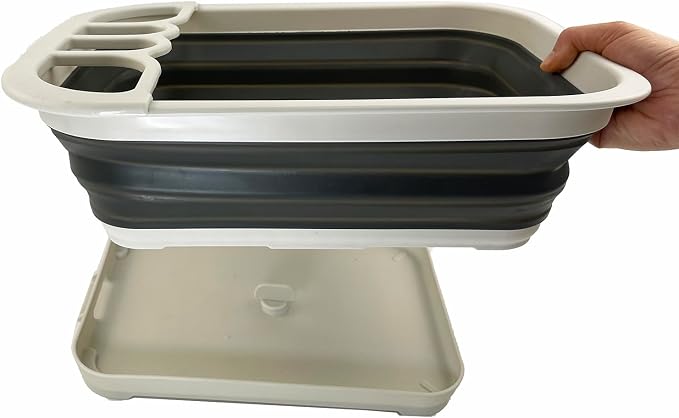 SAMMART Collapsible Dish Drainer with Drainer Board - Foldable Drying Rack Set - Portable Dinnerware Organizer - Space Saving Kitchen Storage Tray (2, Grey/Washed Black) - Image 5