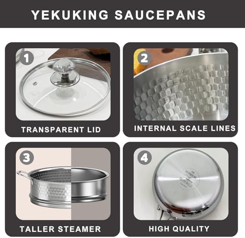 2 QT Tri-Ply Stainless Steel Hammered Saucepan with Steamer Visible Lid and Pour Spout Japanese Milk Pot for Cooking Milk Noodle Pasta Soup Vegetable Induction Compatible Dishwasher Safe - Image 5