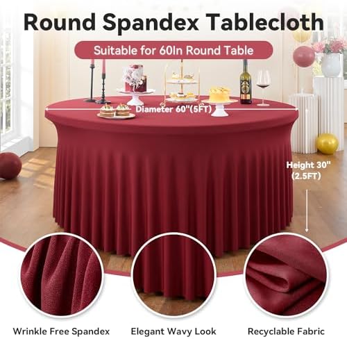 leegleri 8 Pack Burgundy 60inch Spandex Round Tablecloths, Stretchy 120inch Fitted 5FT Round Table Cloths, Wrinkle Free Table Cover with Skirt for Wedding Party Dining Banquet - Image 3