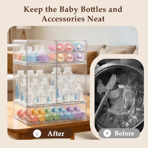 Baby Bottle Organizer 6 Pack Baby Bottle Storage Organizer Clear Bottles Station Acrylic Stackable Container Drawers Bins for Pacifiers,Nipples,Pump Parts for Countertop,Cabinet,Bathroom,Vanity - Image 3