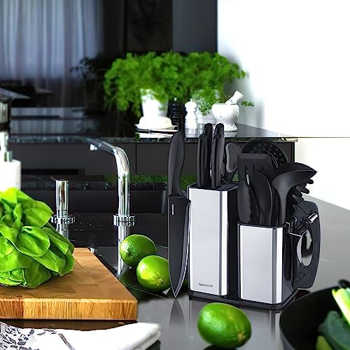 RAXCO Kitchen Utensils Set,18-Piece Cooking Utensils and Knife Set,Black | Food-grade Silicone Heat-safe to 410°F, Detachable Stainless Steel Holder, 5 Kitchen Knives and Cutting Board All-in-one - Image 2