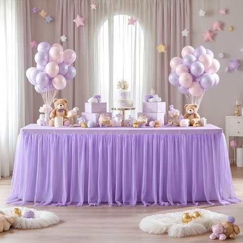Suppromo 4 Pack 6ft Lavender Tulle Tablecloths for Rectangle Tables, 6 Foot Rectangular Table Cloth Wrinkle Free Table Cover with Tutu Skirt for Wedding Baby Shower Birthday Party Banquet Buffet Cake - Image 2
