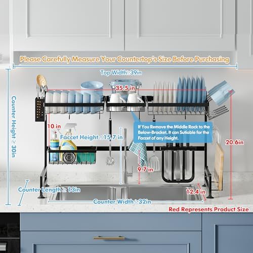 BOOSINY Over The Sink Dish Drying Rack with Utensil and Cup Holder - Image 3