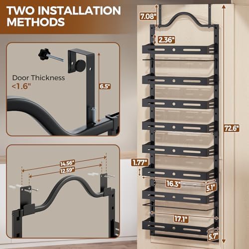 8-Tier Pantry Door Organizer, Large 2 IN 1 Wall Mount or Over The Door Pantry Organizer, Pantry Door Spice Rack with Adjustable Baskets, Over Door Organizer for Kitchen,（72.6×17.1×5.1in,Black) - Image 2