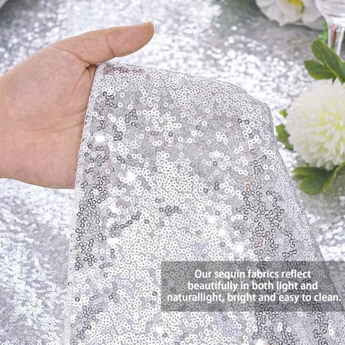 90x156 Inch Rectangle Sequin Tablecloth Glitter Silver Wedding Table Linens - Image 2