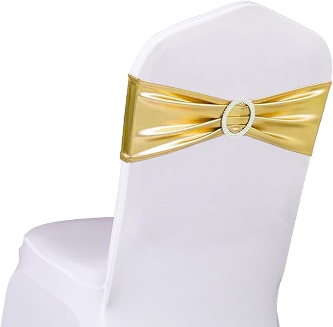 Wedding Spandex Metallic Gold Chair Sashes 100 Pack Chair Bands with Buckle Bronzing Gold Chairs Bows for Party Birthday Bridal Shower Engagement Anniversary Christmas Event Decorations by SINSSOWL