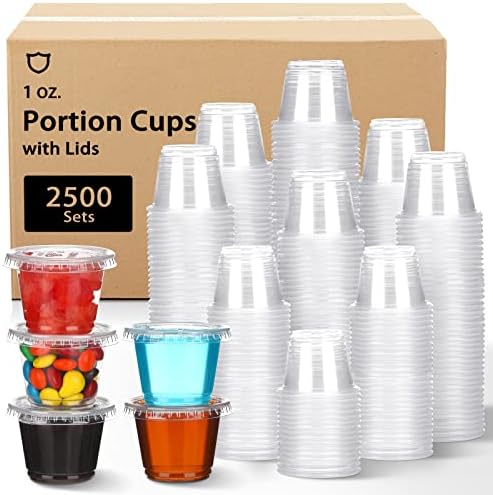 Bokon 2500 Sets 1 Oz Clear Plastic Portion Cups with Lids Condiment and Dipping Sauce Container Salad Dressing Container Airtight and Stackable Souffle Cups for Lunch, Party, Trips by Bokon